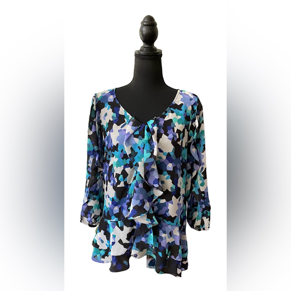 Simply Chloe Dao: Blue, Black and Cream Pattern Ruffle Sleeve and Front Blouse